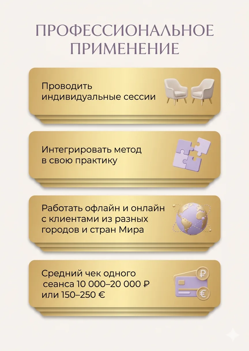 Профессиональное применение: индивидуальные сессии, интеграция метода в практику, работа онлайн с клиентами из разных стран