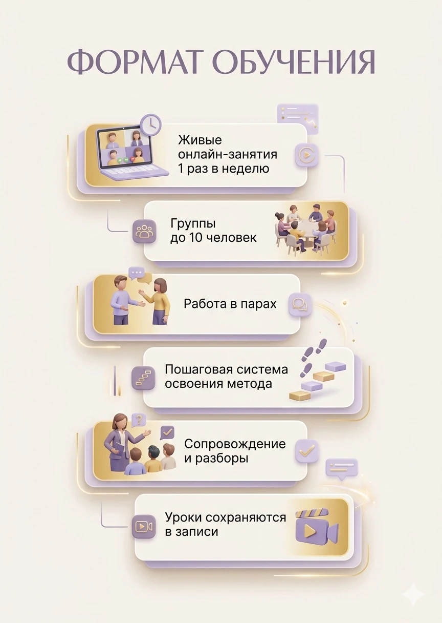 Формат обучения: живые онлайн-занятия раз в неделю, группы до 10 человек, работа в парах, пошаговая система освоения метода, сопровождение и разборы, уроки в записи