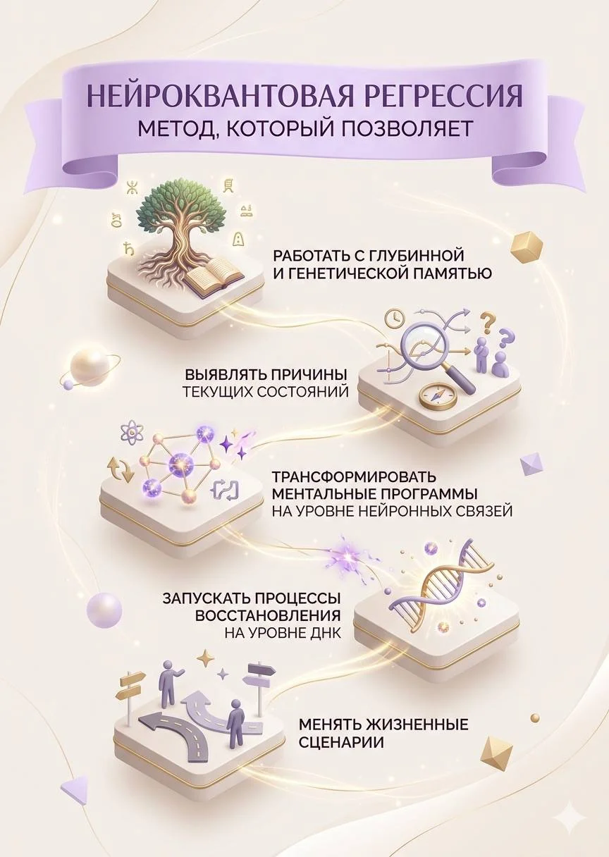 Нейроквантовая регрессия — метод, который позволяет: работать с глубинной и генетической памятью, выявлять причины состояний, трансформировать ментальные программы на уровне нейронных связей, запускать восстановление на уровне ДНК, менять жизненные сценарии