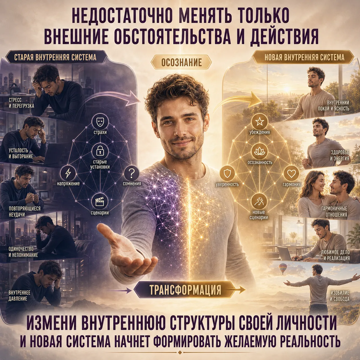 Когда меняется внутренняя структура, меняются убеждения, реакции, решения, действия и результаты